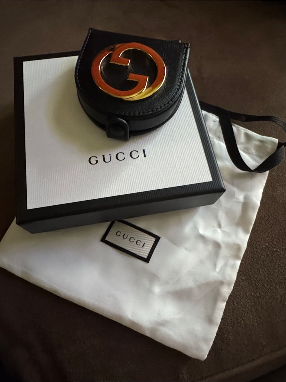 Gucci Black Leather Round Coin Case with Gold-Tone GG Emblem With Box & Dust bag